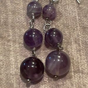 Genuine Amethyst 3 Balls Drop Earrings 2” Long